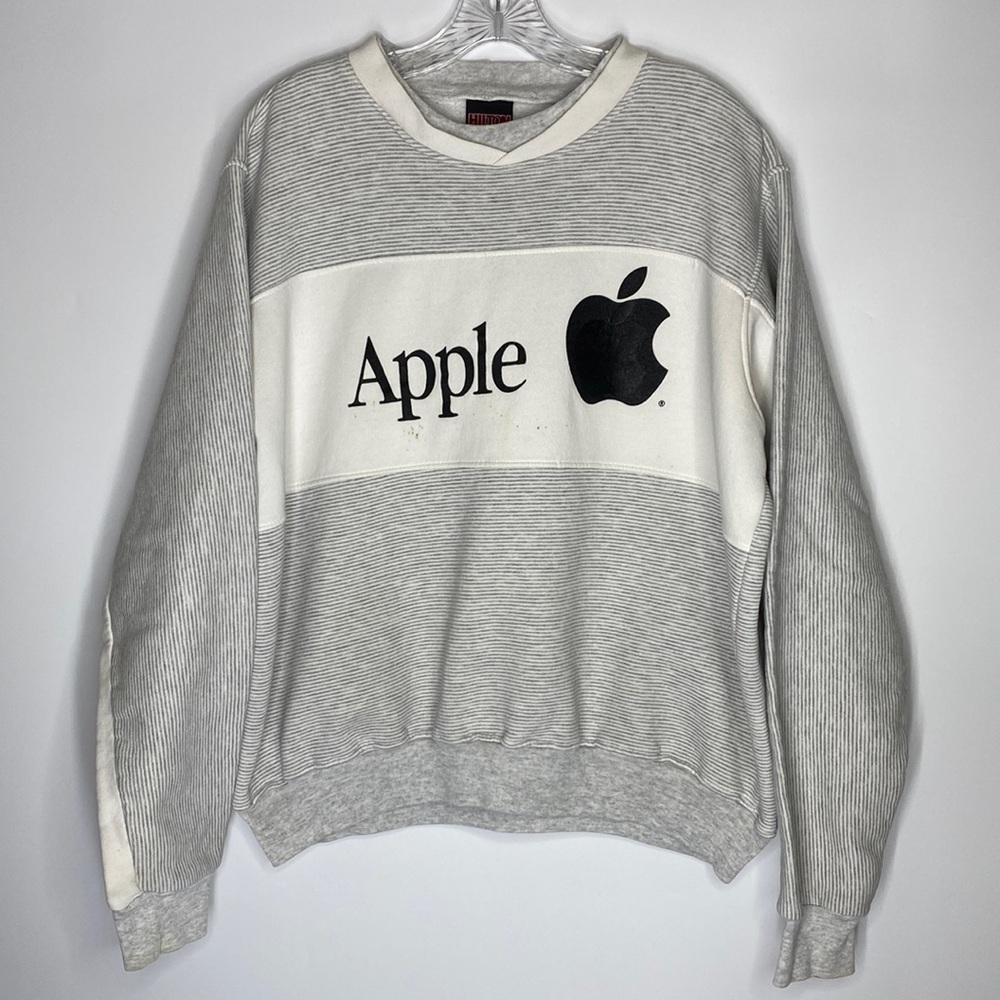 Vintage Hilton Active Apparel Big Apple Logo Grey Striped Crew Sweatshirt XL